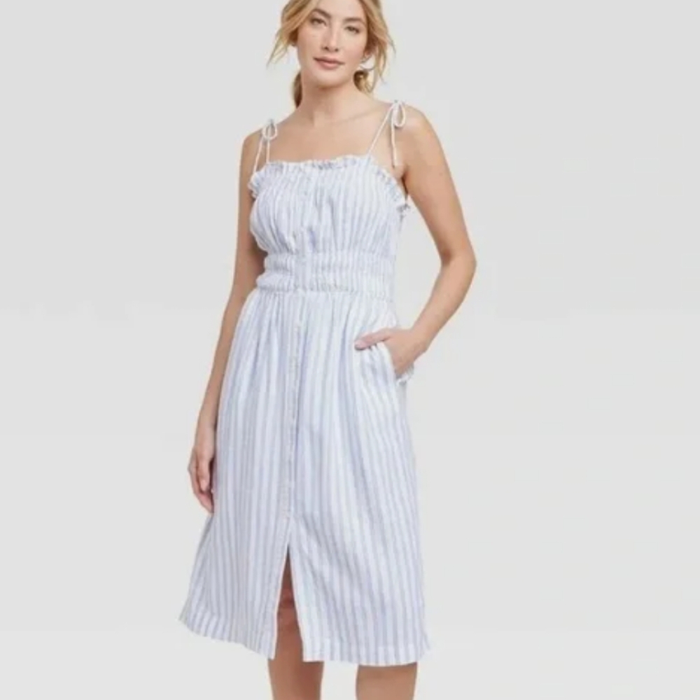 New Universal Thread Plus Size Linen Blend Blue and White Striped Dress Size 3X